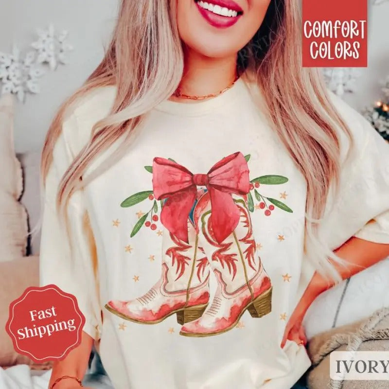 Christmas Boots Shirt Holiday Tshirt,  Country Christmas Tee, Women's Holiday Tee Hoodie, Sweatshirt | UrbanDripWear.com