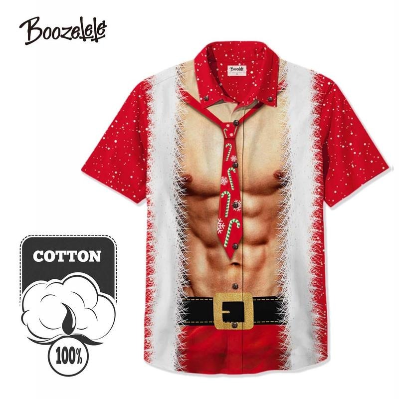 [Christmas]Boozelele Christmas Funny Abs Santa Shirt Button-down Shirt Short Sleeves 100% Cotton Shirt,Christmas...
