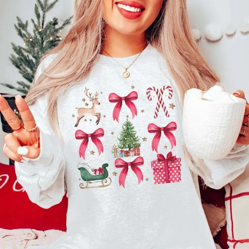 Christmas Bow Collage Graphic Tee - Candy Cane - Reindeer - Coquette Christmas Shirt - Santa Claus - Red Bow Christmas