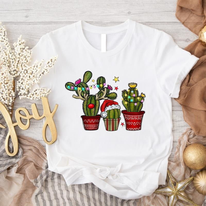 Christmas Cactus Shirt, Cactus Lover Winter Holiday T-Shirt, Unisex Plant Christmas Gift Tee, Western Christmas Light...