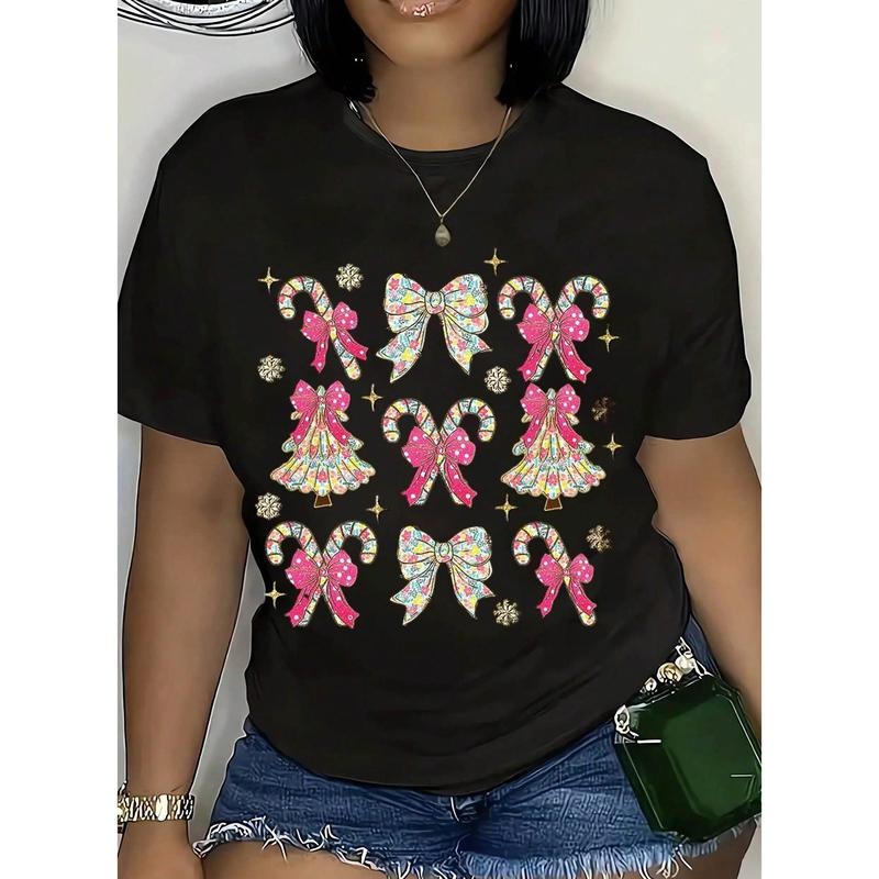 Christmas Candy Cane And Bow Print Women's T-Shirt Holiday Festive  Top For Christmas Party Outfit Hoodie, Sweatshirt