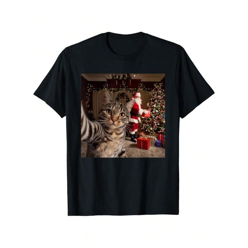 Christmas Cat Selfie Humor T Shirt   Graphic Print Short Sleeve Cotton Tee For Cat Lovers Holiday Wear   Comfort Fit ...