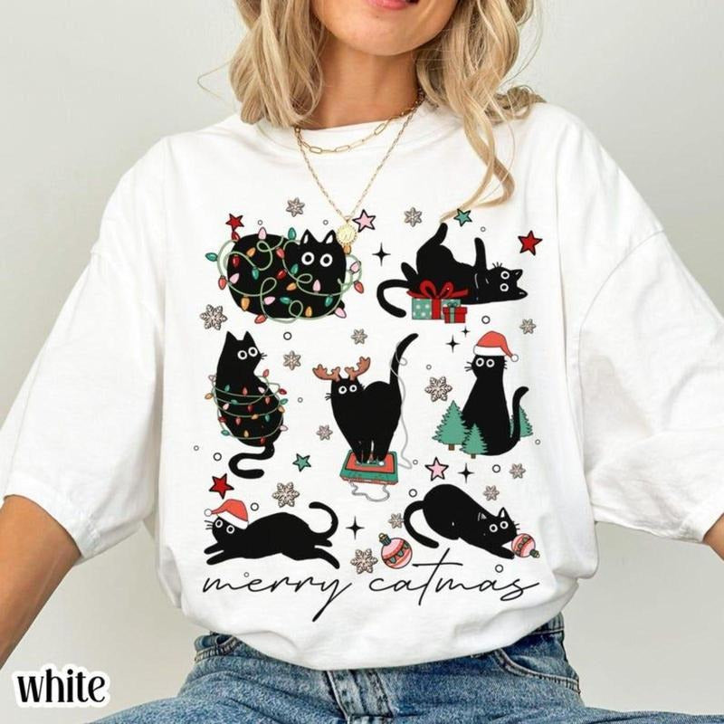 Christmas Cat TShirt Catmas Meow Christmas Tree Light Its Fine Holiday Tshirt Funny Kitty Black Cat Xmas Tee Festive...