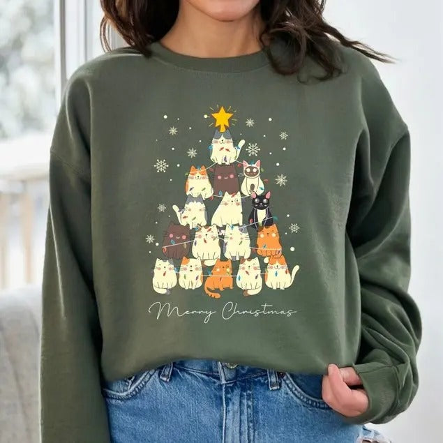 Christmas Cat Tree Sweatshirt, Christmas Cats Sweatshirt, Meow Christmas Sweatshirt,Cat Lover Gift,Holiday...