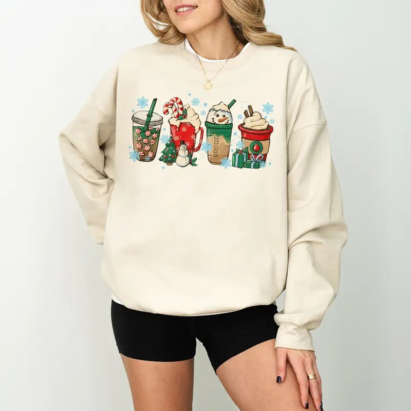 Christmas Coffee Shirt, Peppermint Iced Latte Snowmen Sweets Snow Warm Cozy Winter Women Shirt, Christmas Latte Shirt...