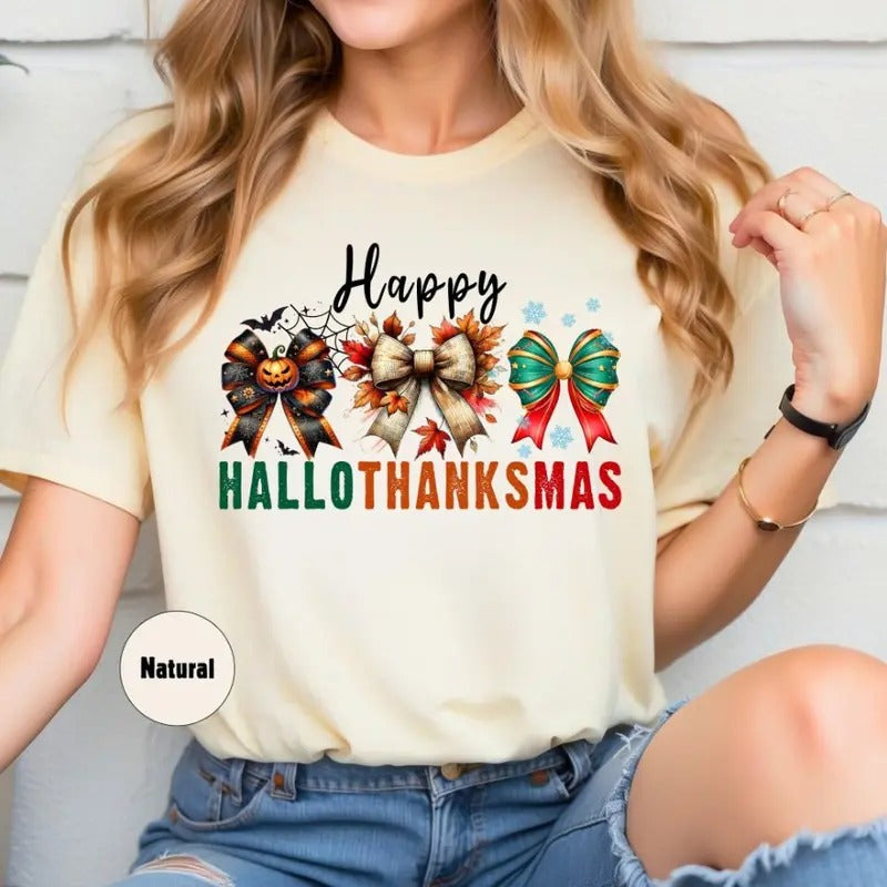 Christmas Coquette Bow Shirt Happy Hallothanksmas Shirt Funny Halloween Shirt Ribbons Christmas Shirt Ribbon Thanksgiving...