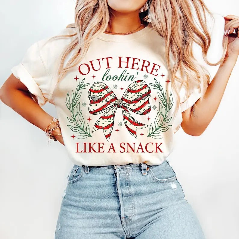 Christmas Coquette Bow Shirt, Out Here Lookin Like a Snack Sweatshirt, Christmas Cake , Holiday vibes, Retro Christmas Hoodie