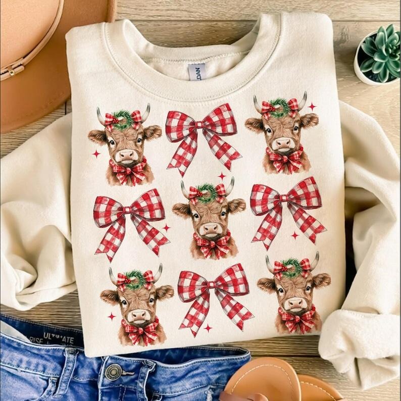 Christmas Coquette Highland Cow , Western Christmas Sweatshirt T-Shirts, Hoodie | UrbanDripWear.com