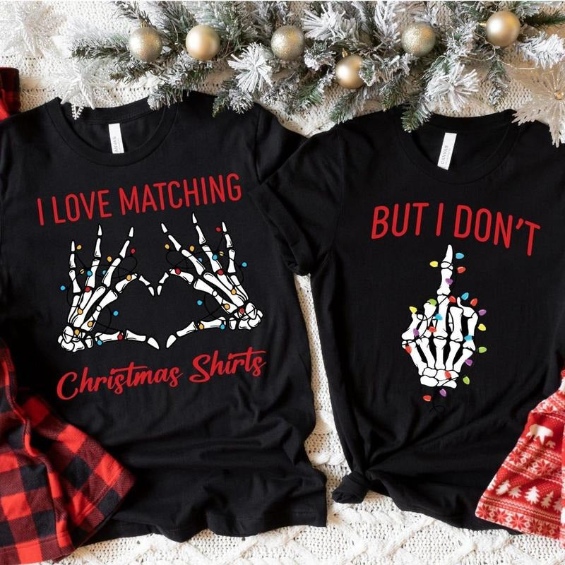 Christmas Couple Shirts, Funny Matching Husband Wife Tees, Skeleton Hand Holiday Top Hoodie, Sweatshirt | UrbanDripWear.com