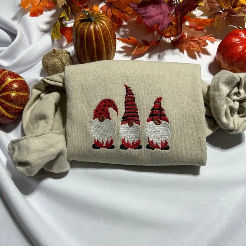 Christmas Gnomes Embroidered Sweatshirt- Comfortable and Soft Cotton Crewneck Top for Women and men Cute Hoodie christmas...