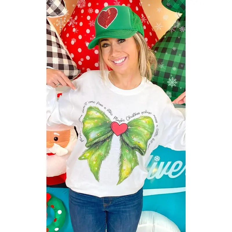 Christmas Green Bow Graphic Long Sleeve T-Shirt Hoodie, Sweatshirt | UrbanDripWear.com