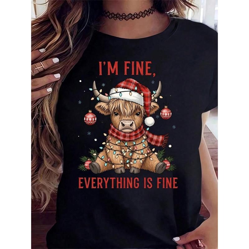 Christmas Highland Cow T-Shirt I'm Fine, Everything Is Fine Funny Holiday Gift For Women Men, Christmas Party Wear,...
