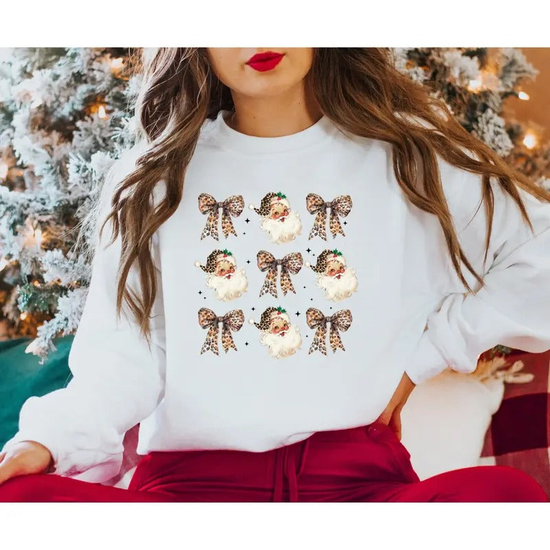 Christmas Leopard Coquette Santa Sweatshirt Leopard Bow Sweatshirt T-Shirts, Hoodie | UrbanDripWear.com