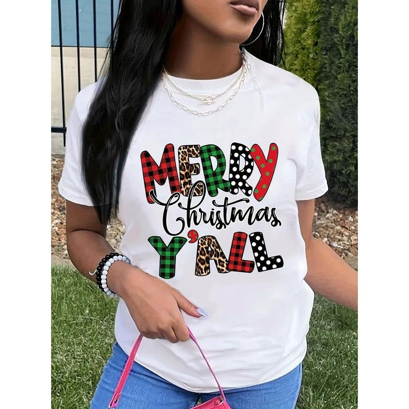 Christmas Leopard Letter Print T-shirt, Casual Short Sleeve Crew Neck Top, Women's Clothing Hoodie, Sweatshirt
