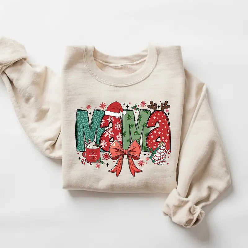 Christmas Mama Coquette Sweatshirt, Coquette Christmas Mama Bow Sweater, Mama Claus Shirt, Christmas Tree Cake...