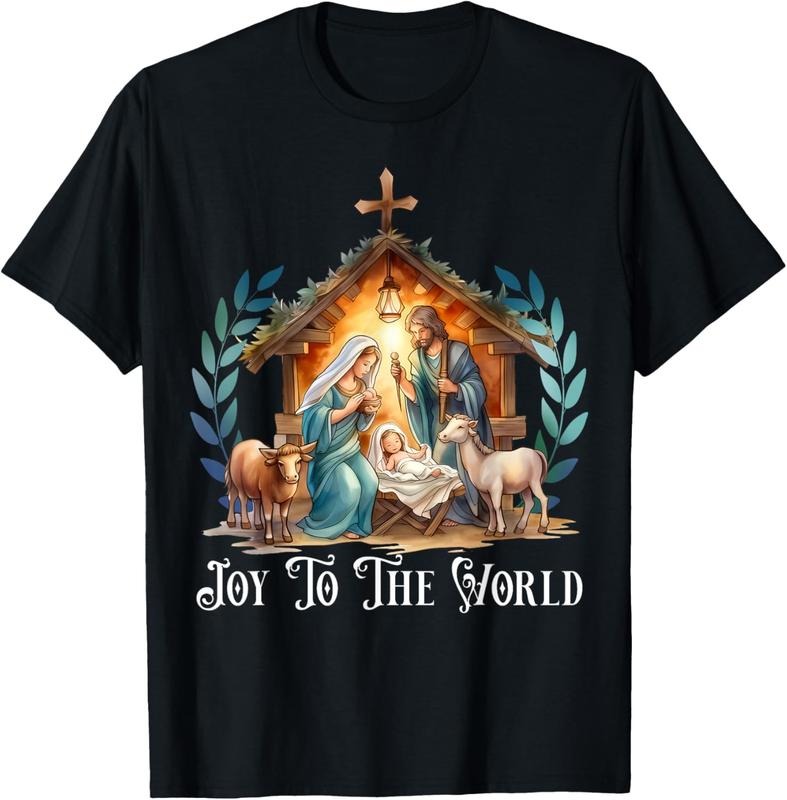 Christmas Nativity Christian Birth Of Jesus Joy To The World T-Shirt- Women's Clothing Printed Graphic Tee For  T-Shirt...