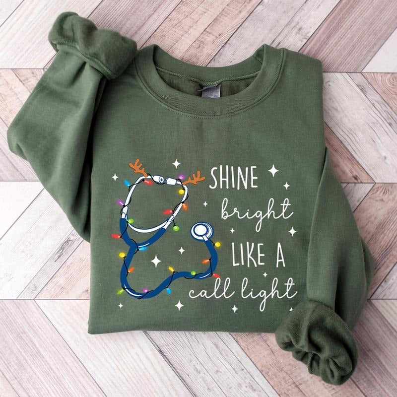 Christmas Nurse Sweatshirt, Shine Bright Like A Call Light Shirt, Merry Christmas Nurse Shirt, Christmas Gift for Nurse...