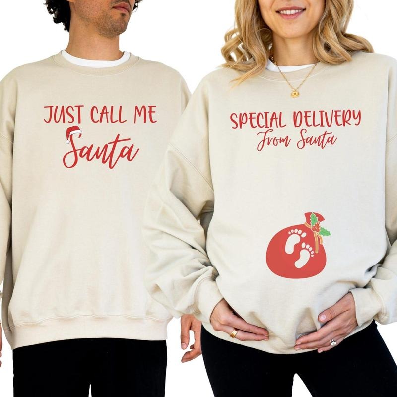 Christmas Pregnant Announcement Sweatshirt for Mom, Just Call Me Santa, Special Delivery From Santa Couple Matching...
