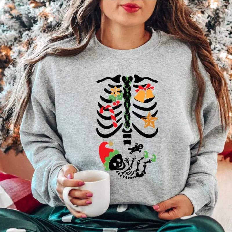 Christmas Pregnant Skeleton Sweatshirt, Pregnancy Announcement Sweater, New Mom To Be Gift Hoodie, Christmas Party...
