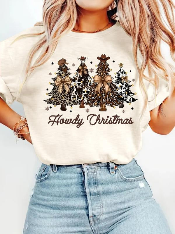 Christmas Print Vintage Style Women's Summer Casual Sports Top, Round Neck Short Sleeve T-Shirt, Comfortable Breathable,...