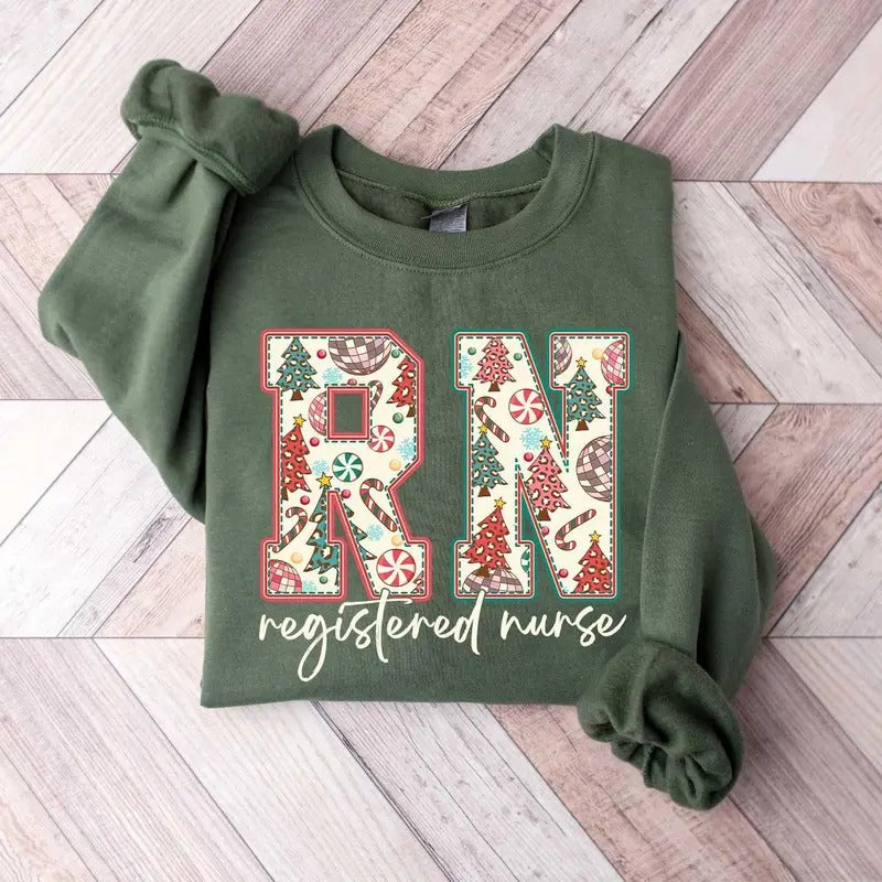 Christmas Registered Nurse Sweatshirt, Nurse Shirt For Christmas, Christmas Crew Nurse Cotton Crewneck Hoodie