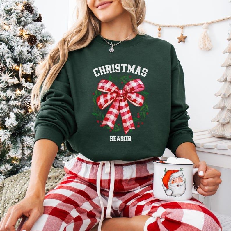 Christmas Season Sweatshirt Christmas Bow Sweater Colorful Holiday Sweater Christmas Pajama Shirt Gift Comfortable Xmas...