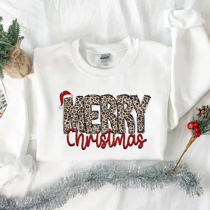 Christmas Shirt, Merry Christmas Sweatshirt, Leopard Printed Christmas Shirt, Christmas Gift Shirt, Women Leopard...
