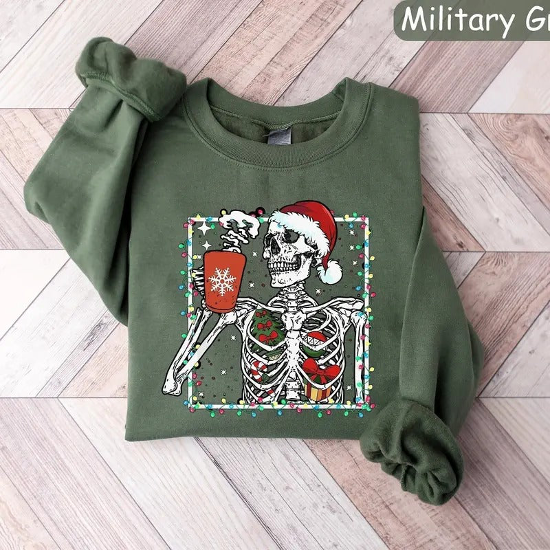 Christmas Skeleton Sweatshirt Christmas Coffee Shirt Coffee Lover Gift Christmas Crewneck Holiday Sweater New Year Shirt...