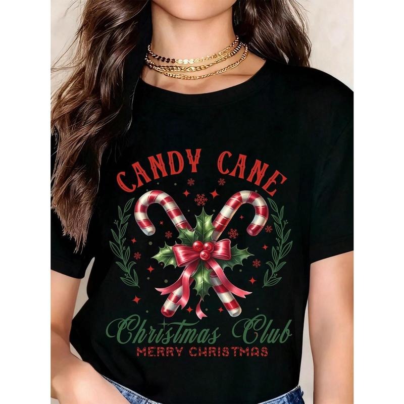 Christmas T Shirt Candy Cane Print With Holly And Bow Design Christmas Club Merry Christmas Text Holiday Party Wear...