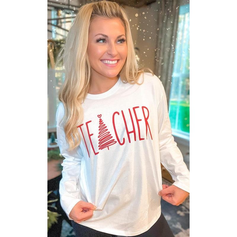 Christmas Teacher Tree Graphic Boyfriend Long Sleeve T-Shirt Hoodie, Sweatshirt | UrbanDripWear.com