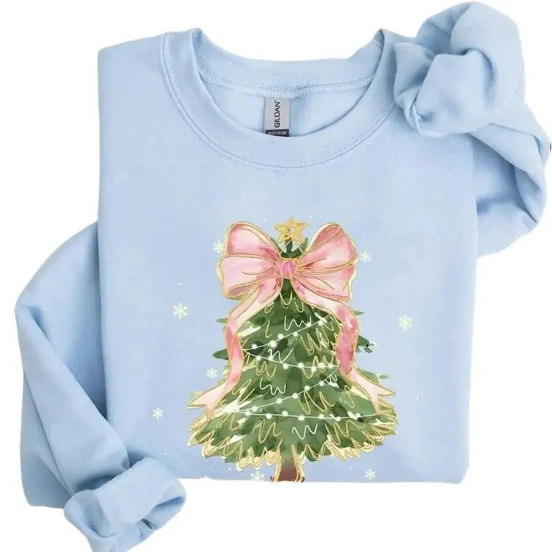 Christmas Tree Bow Shirt, Christmas Sweatshirt for Women, Christmas Tree Tshirt Cotton Womenswear Hoodie | UrbanDripWear.com