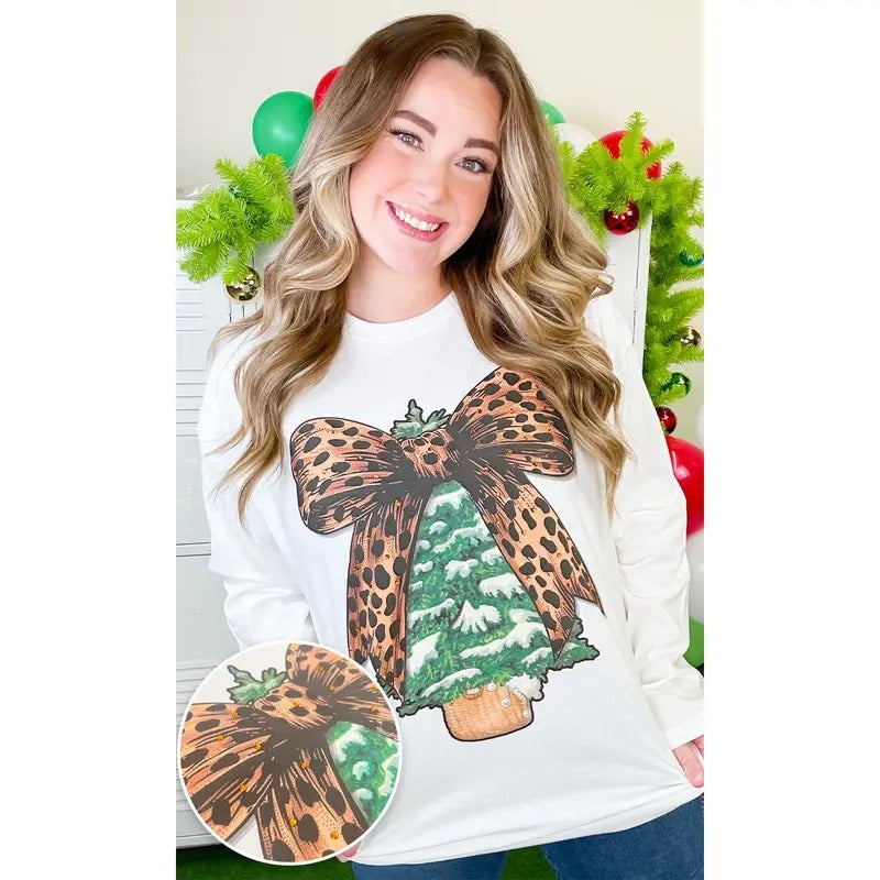 Christmas Tree Cheetah Bow Rhinestone Graphic Long Sleeve T-Shirt Hoodie, Sweatshirt | UrbanDripWear.com
