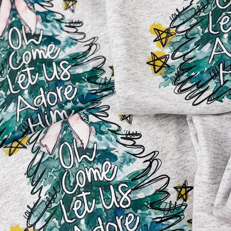 Christmas Tree Let Us Adore Him Unisex NuBlend Crew Sweatshirt CHRISTMAS 2024 Jerzees or Gildan T-Shirts, Hoodie