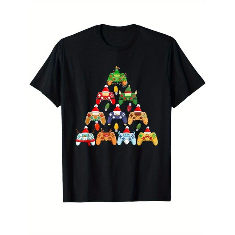 Christmas Tree Print Men's Cotton T-shirt, Graphic Tee Men's Xmas Outdoor Clothes, Men's Clothing, Casual Short Sleeve...