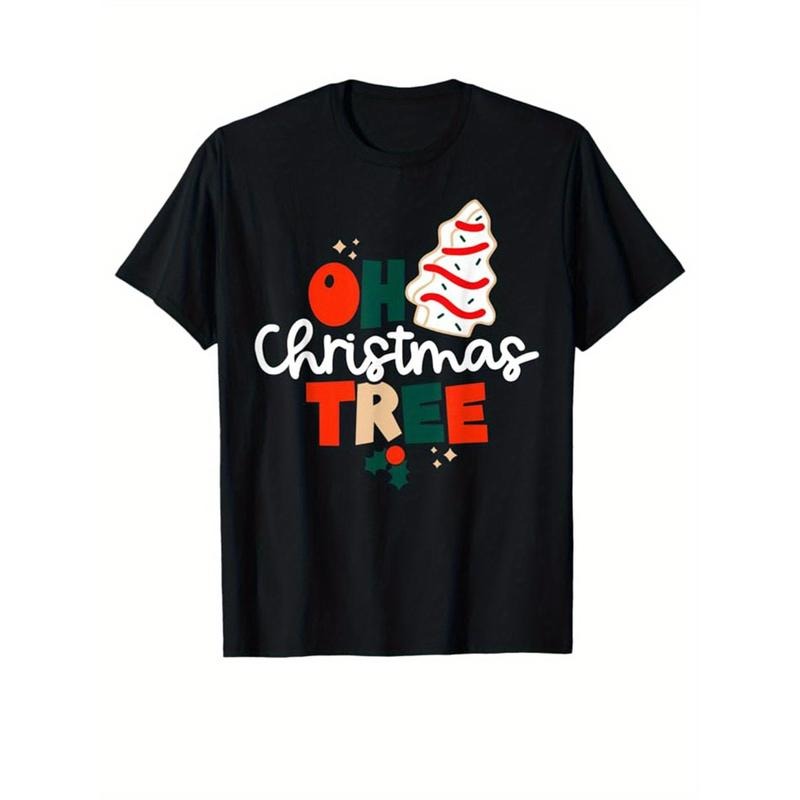 Christmas Tree Print Men's Cotton T-shirt, Graphic Tee Men's Xmas Outdoor Clothes, Men's Clothing, Casual Short Sleeve...