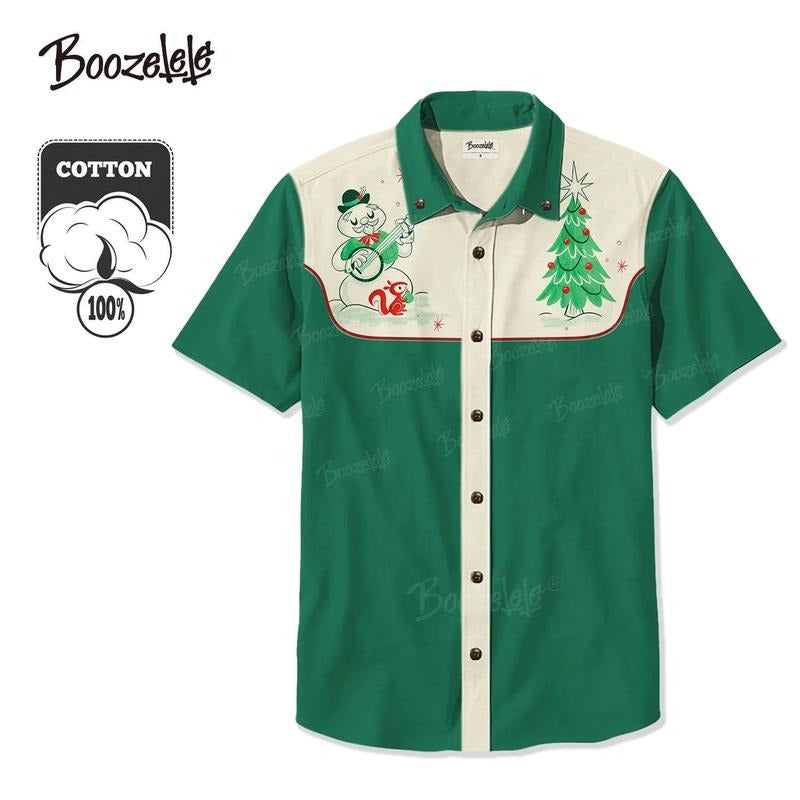 [Christmas]Unisex Christmas Banjo-Playing Snowman And Christmas Tree 100% Cotton Shirt Short Sleeves Button-down,...