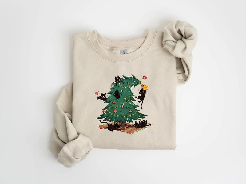 [Christmas Unisex Shirt] Funny Christmas Cat Sweatshirt, Happy Cat Year Shirt, Christmas Cat Shirt, Cat Christmas Tee,...