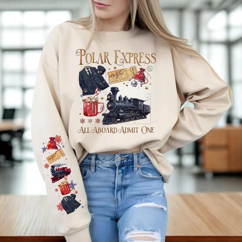[Christmas Unisex Shirt] Polar Express on Sleeve Sweatshirt, Polar Express Believe Movie Shirt, Retro 90s Christmas...