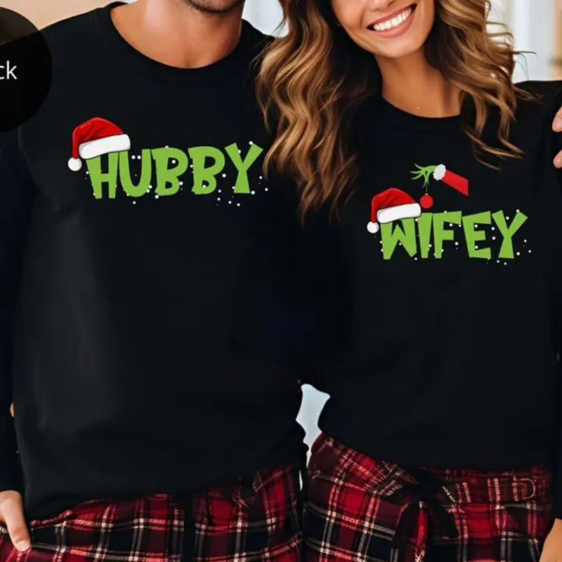 Christmas Wifey Hubby Xmas Sweatshirt, Couple Married Xmas Shirt, Married Pjs, Couple Matching Holiday Pjs, Hubby Wifey...