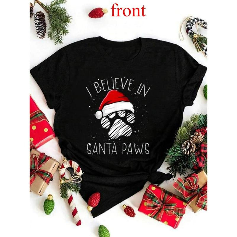 Christmas clothes I Believe In Santa Paws Cat Owner Merry Christmas Women T-Shirt Women's Casual Short Sleeve Cotton...