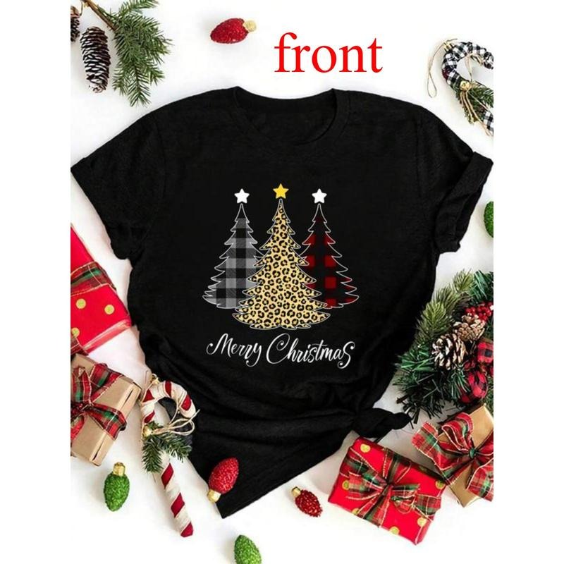 Christmas clothes Merry Christmas Trees Leopard Buffalo Plaid Xmas Vacation T-Shirt Women's Casual Short Sleeve Cotton...