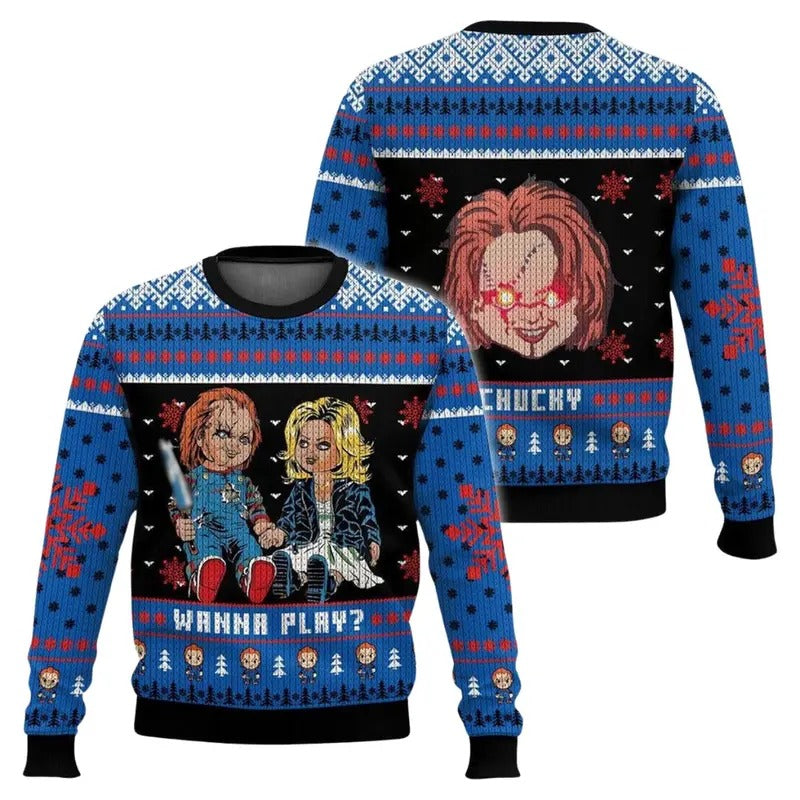 Chucky And Tiffany Ugly Christmas Sweater, Chucky Child's Play Shirt, Horror Ugly Sweater, Chucky Doll Sweatshirt,...