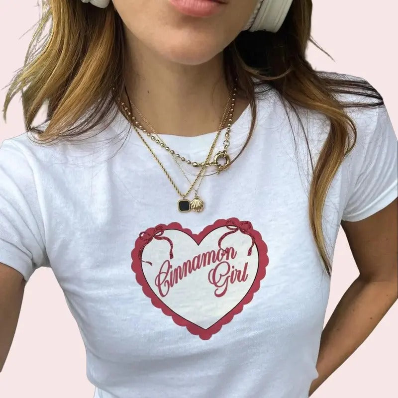 Cinnamon Girl Baby Tee Cotton Women's Trending Shirt Coquette Aesthetic Baby Tee Heart Romantic Red Shirt Vintage Hoodie,...