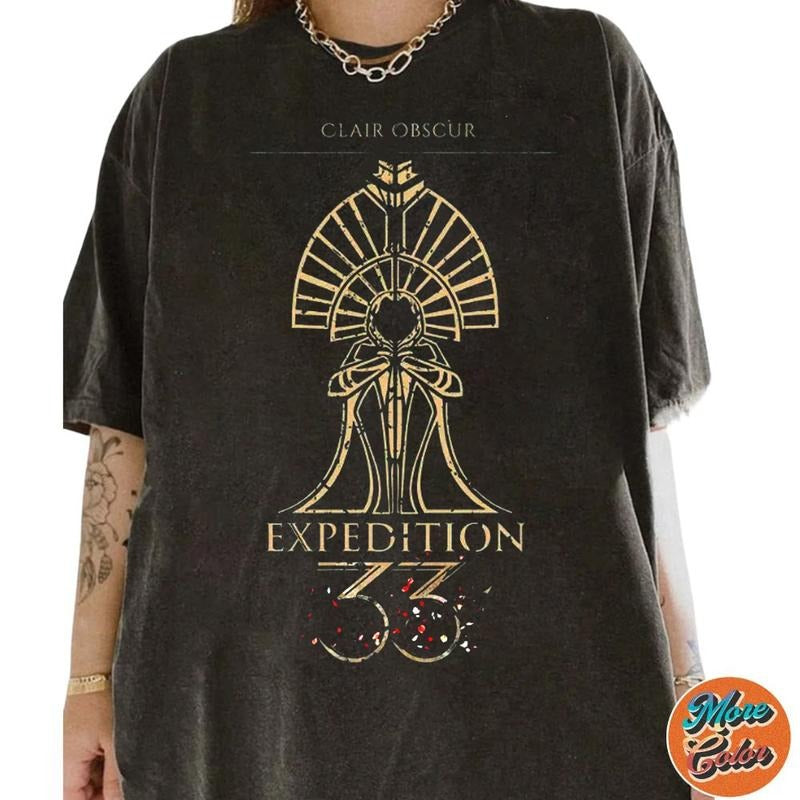 Clair Obscur Expedition 33 Elegant Gold Line Art Gamer Shirt, Cotton Unisex T-shirt, Crew Neck, Size S- 3XL, Menswear...