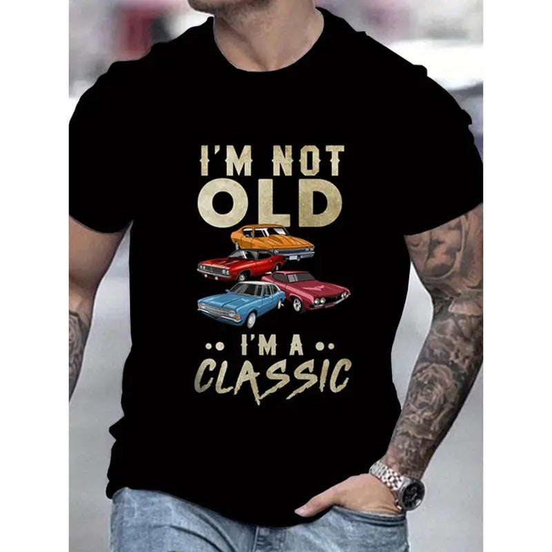 Classic Car Pattern Print Tee - Men's Crew Neck Short Sleeve T-Shirt for Summer Fashion, Casual Street Wear, and Vintage...