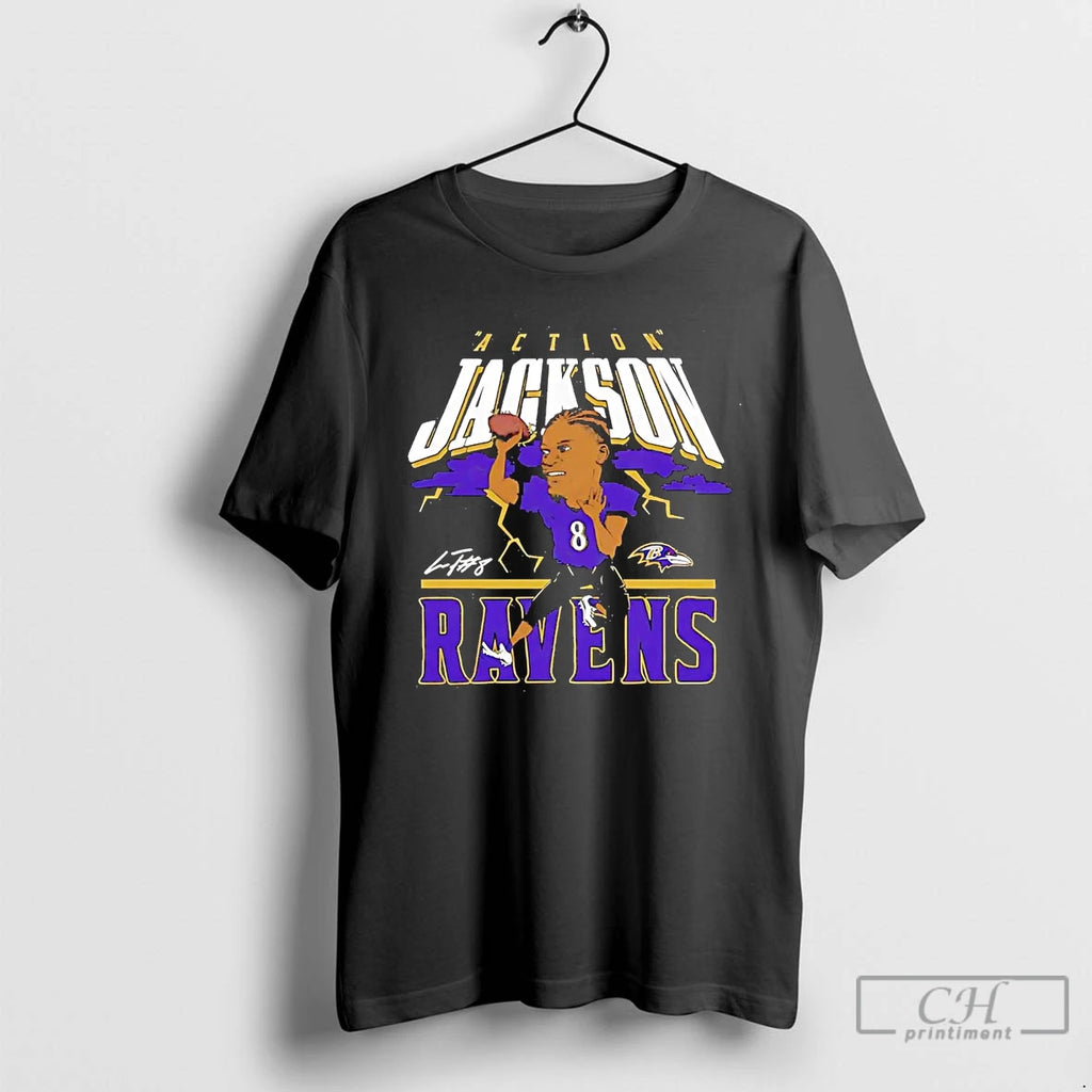 Classic Lamar Jackson Action Caricature Baltimore Ravens T Shirts