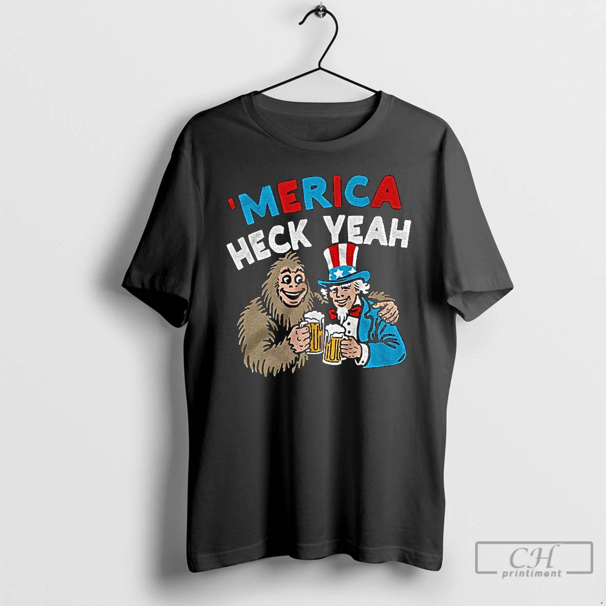 Classic Uncle Sam And Bigfoot Drink Beer Merica Heck Yeah