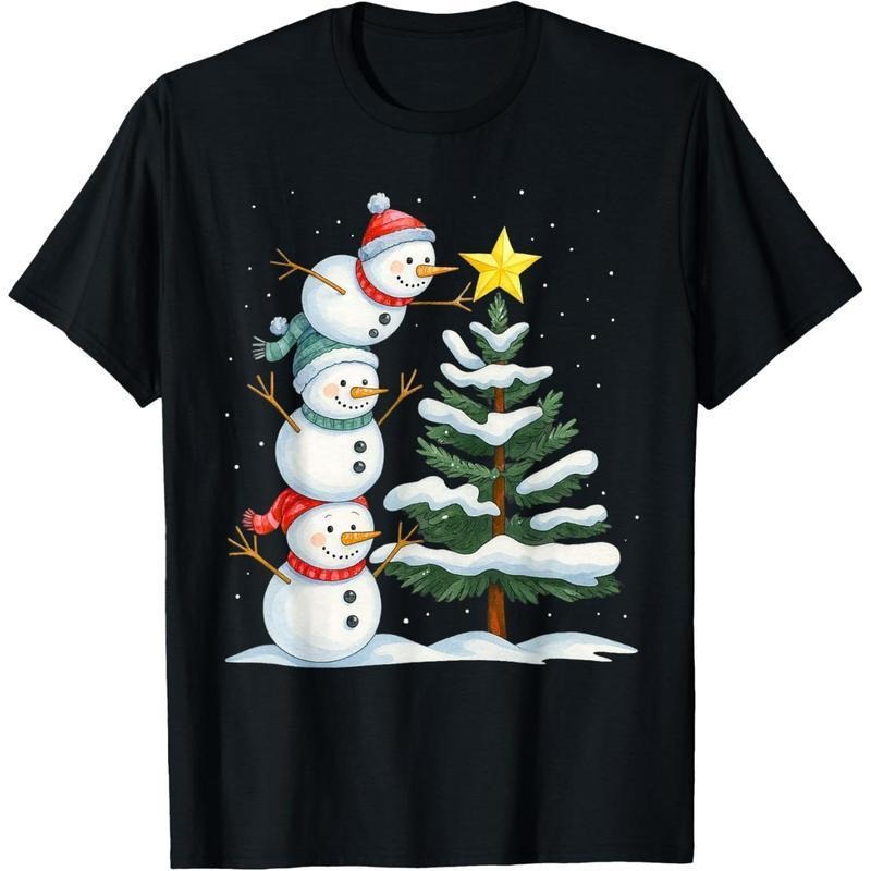 Classic cotton graphic fashion round neck tee Funny Christmas Snowman Topper Tree Holiday Family Men Women T-Shirt...