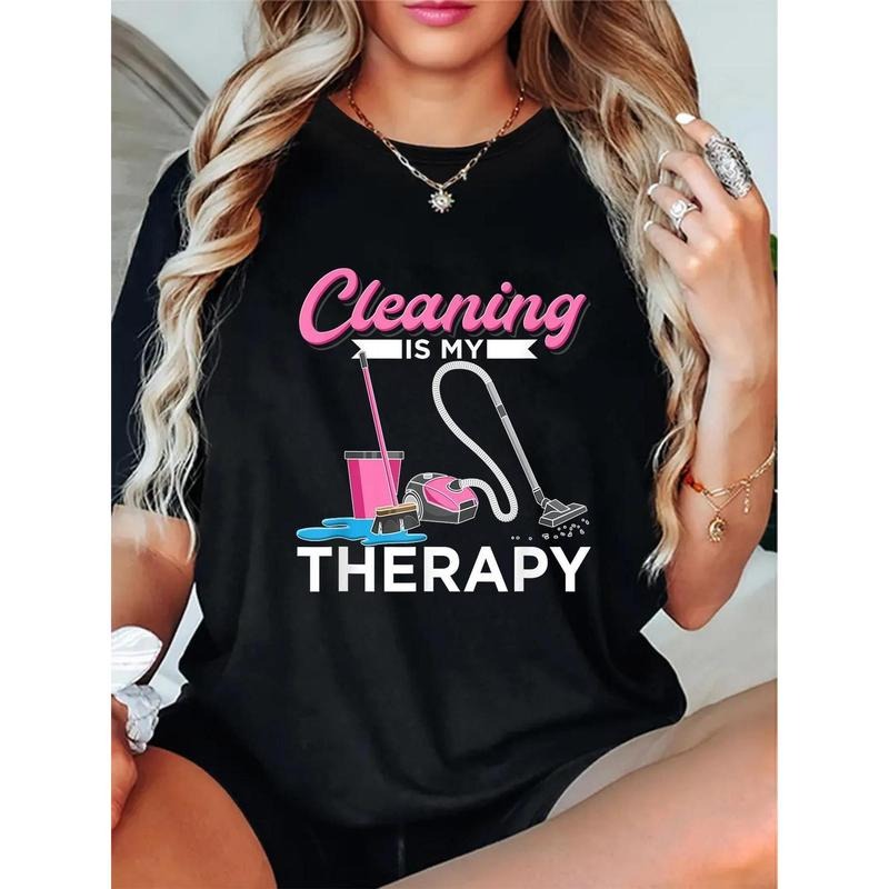 Cleaning Print T-shirt, Casual Short Sleeve Crew Neck Top For Spring & Summer, Women'S Clothing Hoodie, Sweatshirt