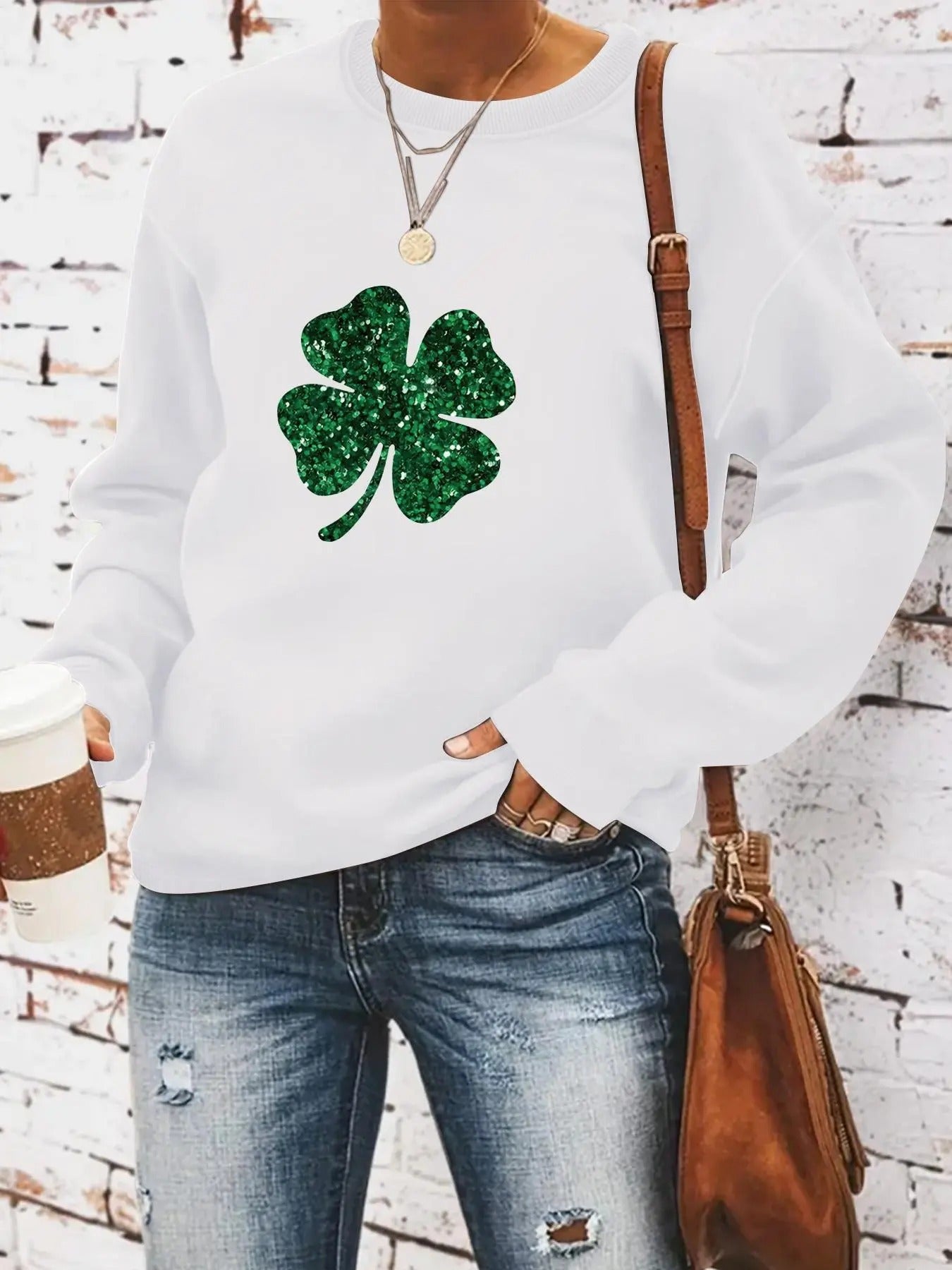 Clover Print Crew Neck Pullover, Casual Long Sleeve Sweatshirt for Spring & Fall, Women's Top for Daily Wear T-Shirts, Hoodie
